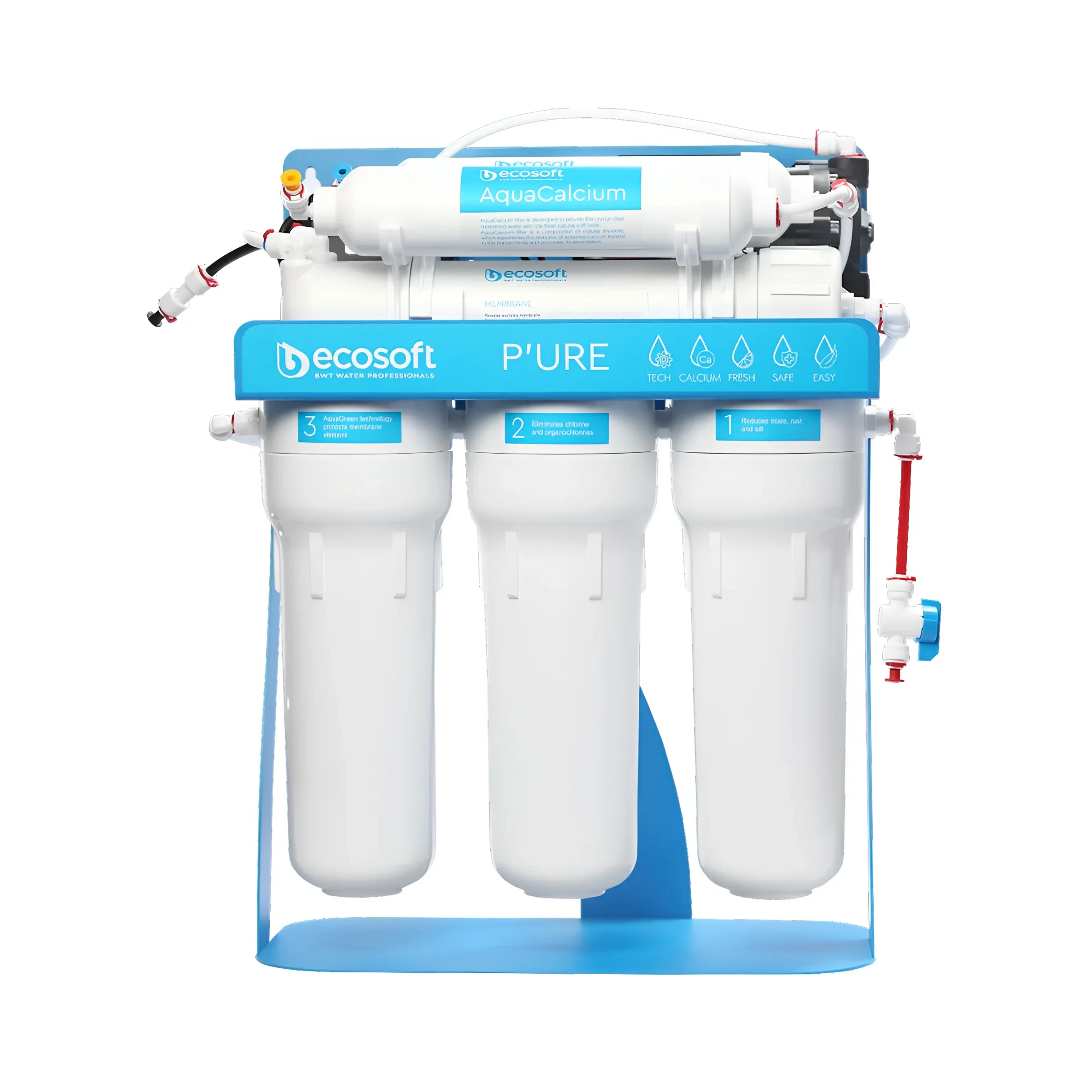 Umkehrosmoseanlage Pure Aquacalcium mit drei weißen Filtern für wohlschmeckendes Trinkwasser