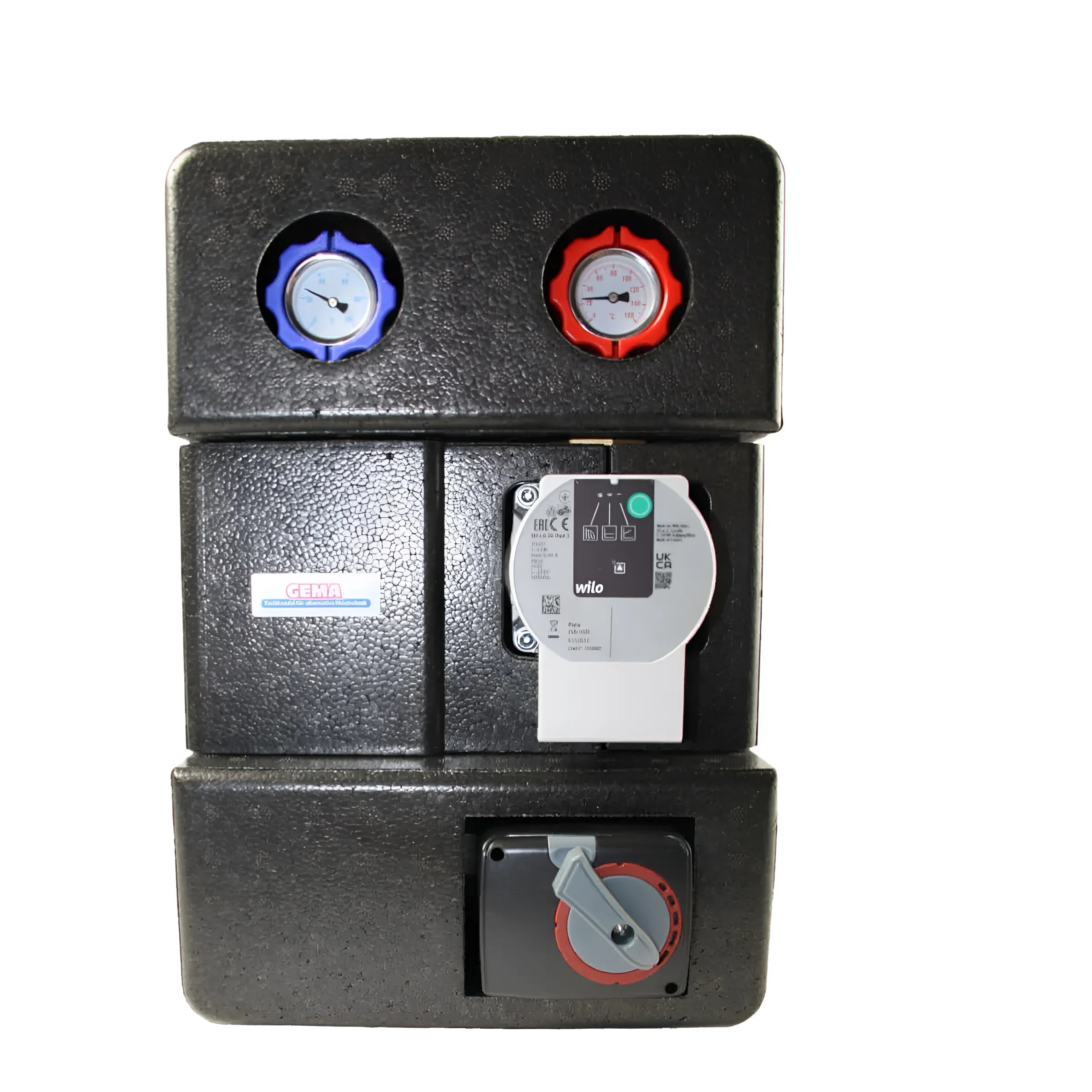 Schwarzes isoliertes Heizsystemmodul GEMA Pumpengruppe DN25 mit Dreiwege-Mischventil