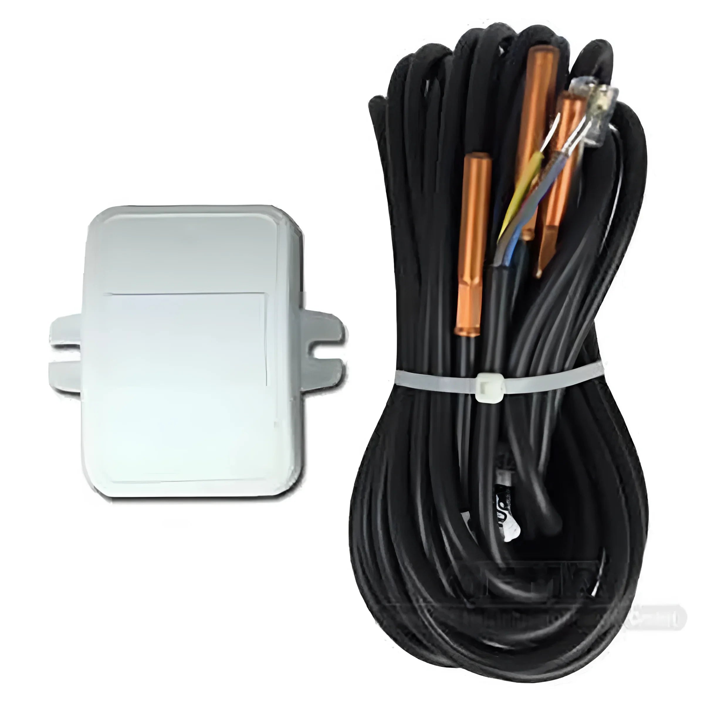 Graues Steuergehäuse mit schwarzen Kabeln und kupferfarbenen Sonden für Heizkreisregler