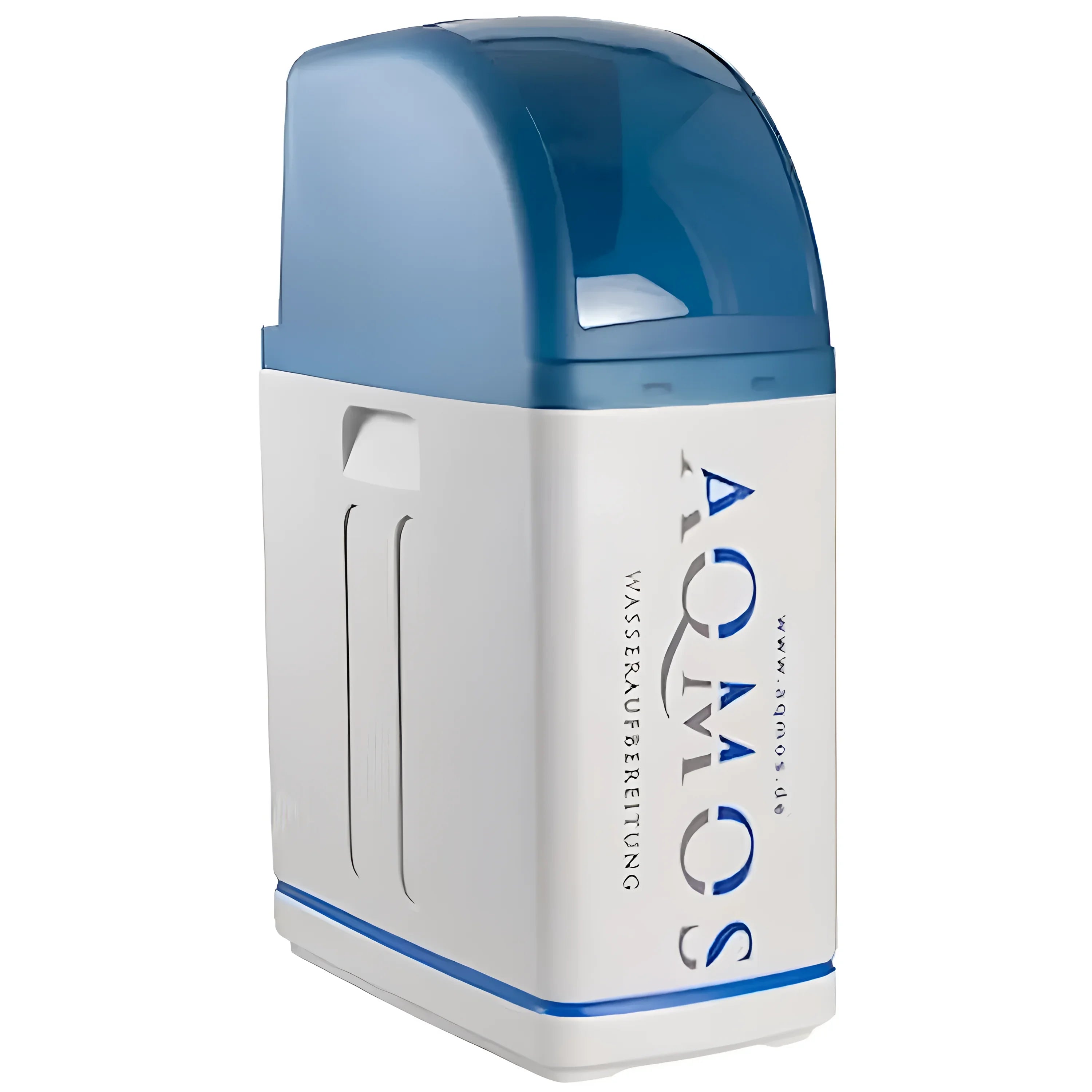 Weiße und blaue Wasserenthärtungsanlage R2D2 mit 1-Zoll-Anschluss und Montageblock