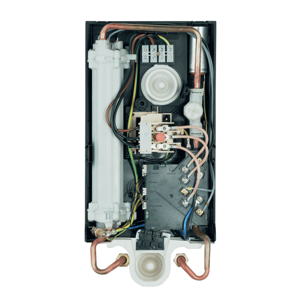 Innenansicht des Vaillant Durchlauferhitzer electronic VED 🔥 mit Heizspulen und Steuerungsteilen. Ideal für Bad & Küche.