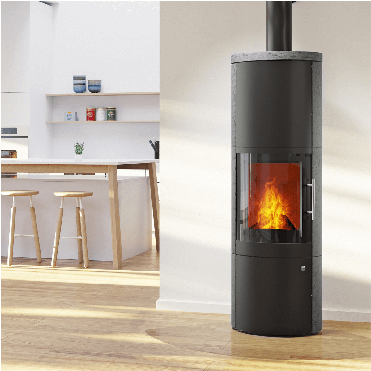 Kaminofen Leo von Königshütte 5 kW 🔥 in moderner Küche, raumluftunabhängig mit Wärmespeicher für nachhaltige Wärme.
