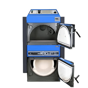 Blaue und graue Zweitür-Ofen auf dem Produkt Kohlekessel Atmos KC45S für Holz und Kohle