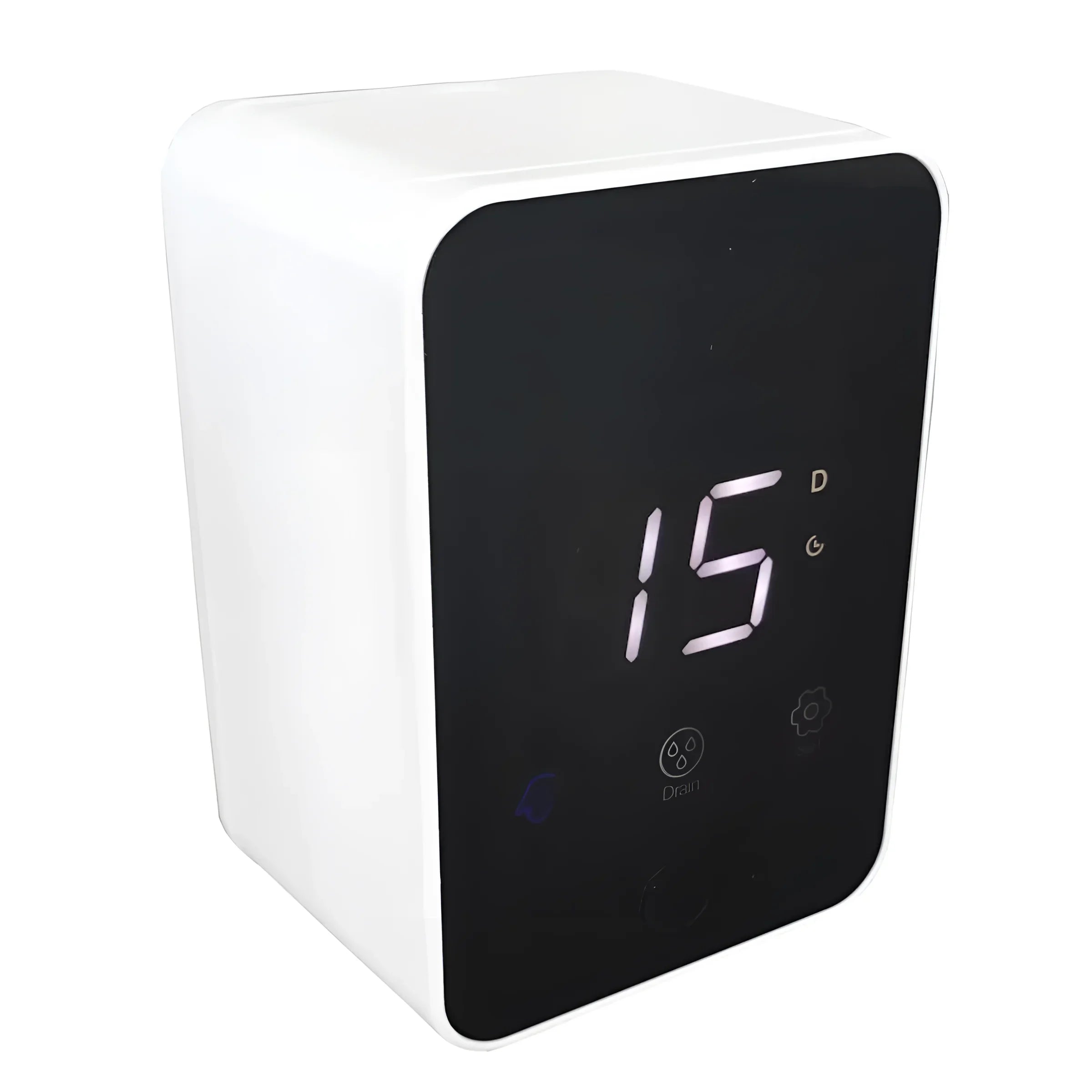 Weiße digitale Timeruhr mit schwarzem Display und Icons für Rückspülfilterautomatik