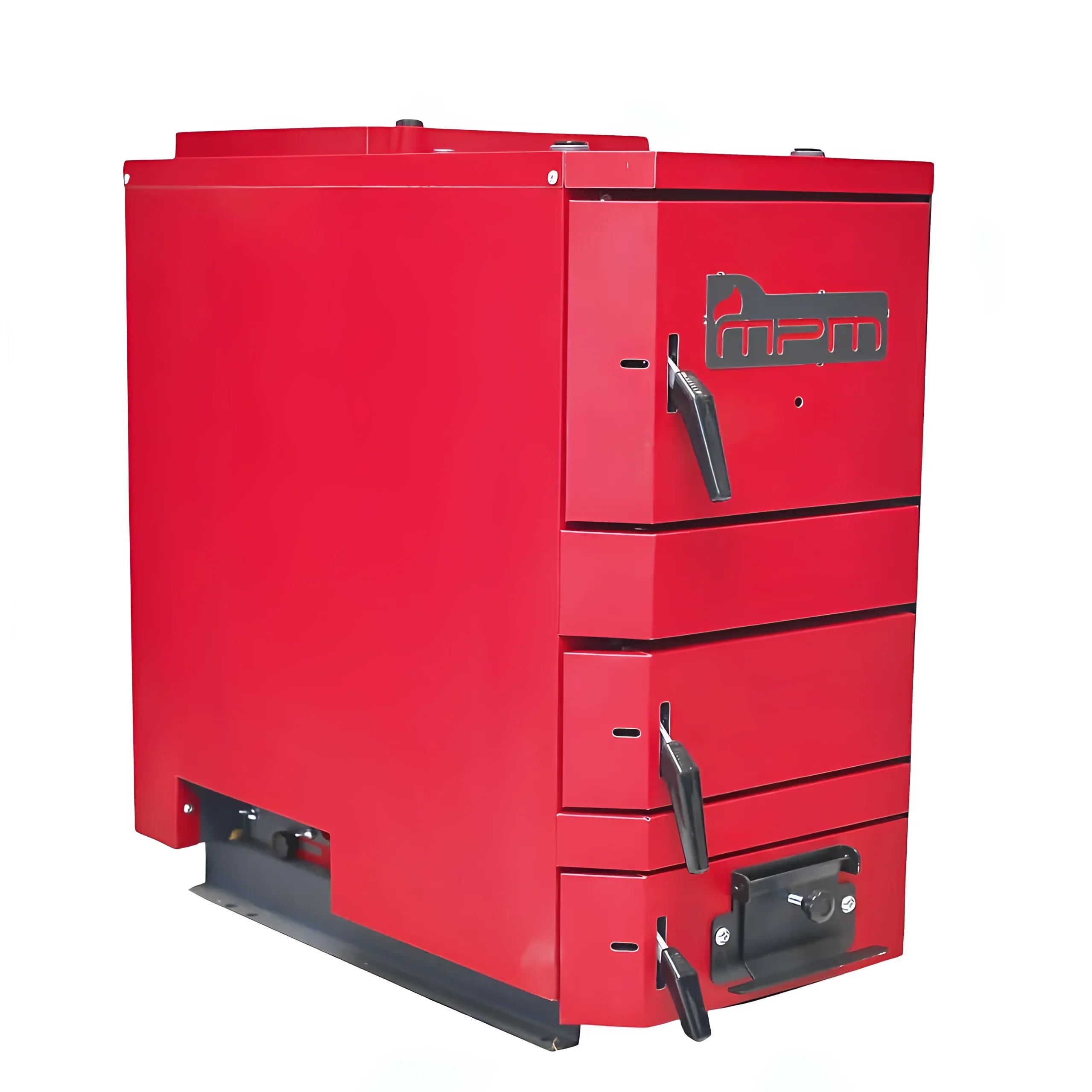Roter Metallofen mit mehreren Zugangstüren für den MPM Wood Plus 10 kW Holzvergaser