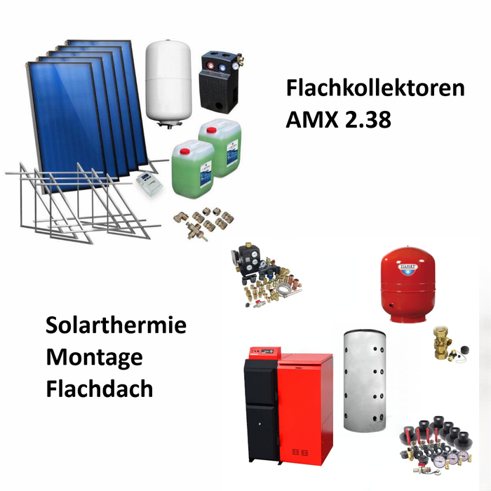 🔧 Komplettset für Solarthermie mit Flachkollektoren AMX 2.38 und Montage für Flachdach. Effiziente Heizlösung! ☀️💧