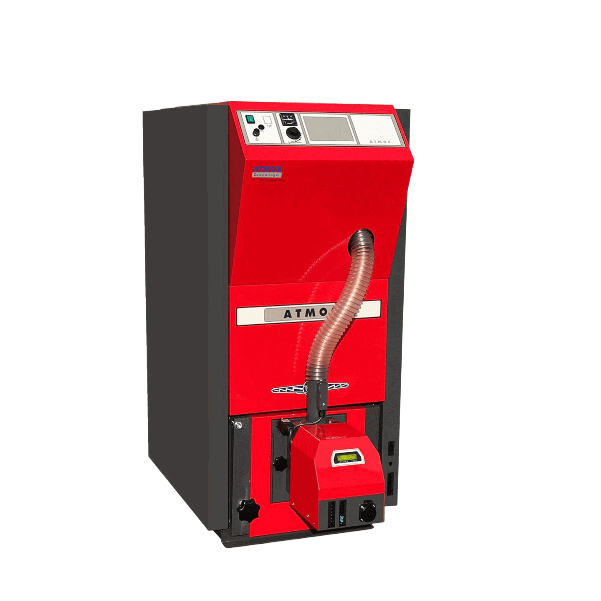 🔥 Pelletkessel ATMOS PX10 in leuchtendem Rot, förderfähig ohne Partikelabscheider für effiziente Heizlösungen.