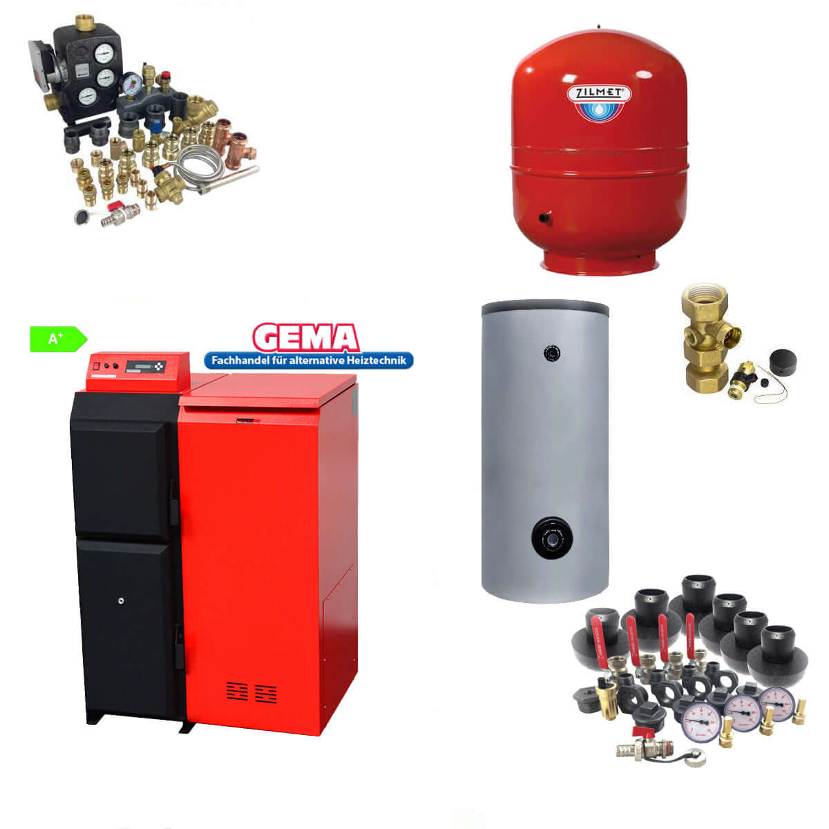 Komplettpaket mit 🔥 Heizkessel, 🔴 Pufferspeicher und Installationszubehör für effiziente Heizlösungen.