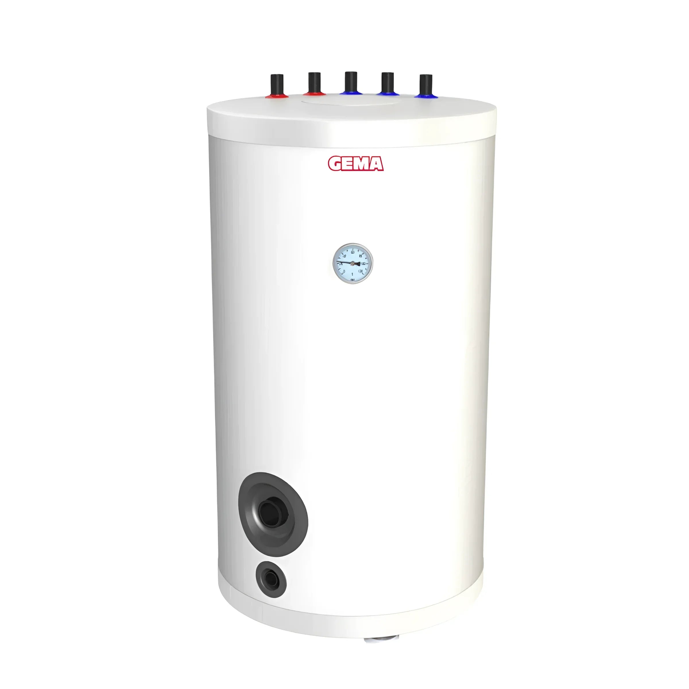 Weißer zylindrischer Warmwasserspeicher mit Temperaturanzeige und Top-Anschlüsse für effiziente Warmwasserbereitung