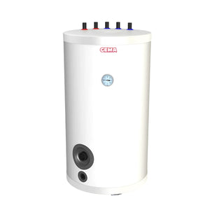 Weißer zylindrischer Warmwasserspeicher mit Temperaturanzeige und Top-Anschlüsse für effiziente Warmwasserbereitung