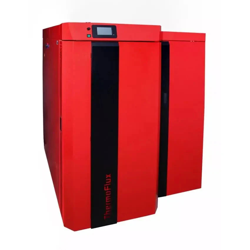 Rote und schwarze Heizungsanlage Thermoflux PID Kombikessel 35 kW Holz- und Pelletheizung