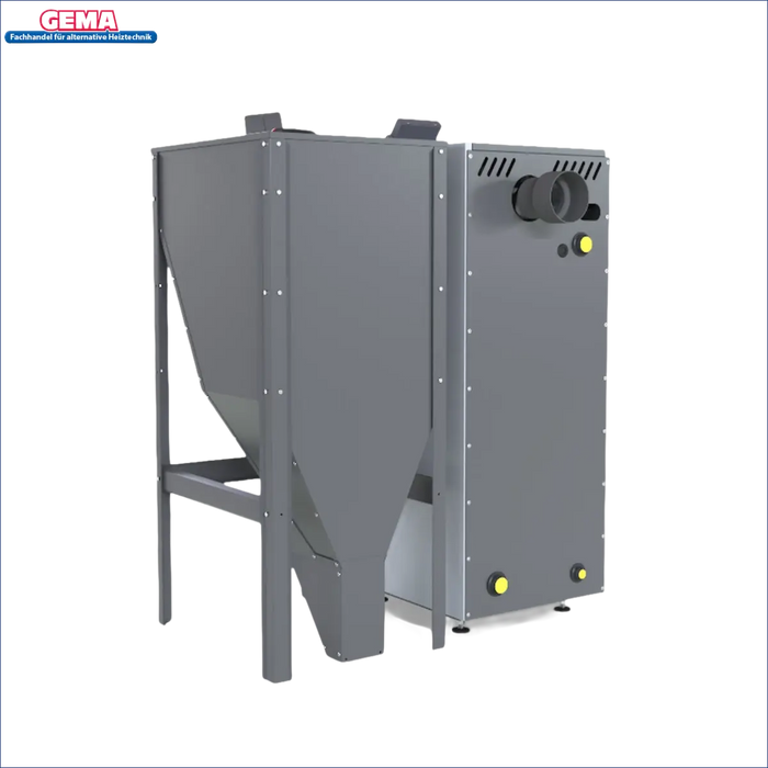Grauer Industriehopper und Schrank für Pelletkessel NEXTPELL+ 16 kW
