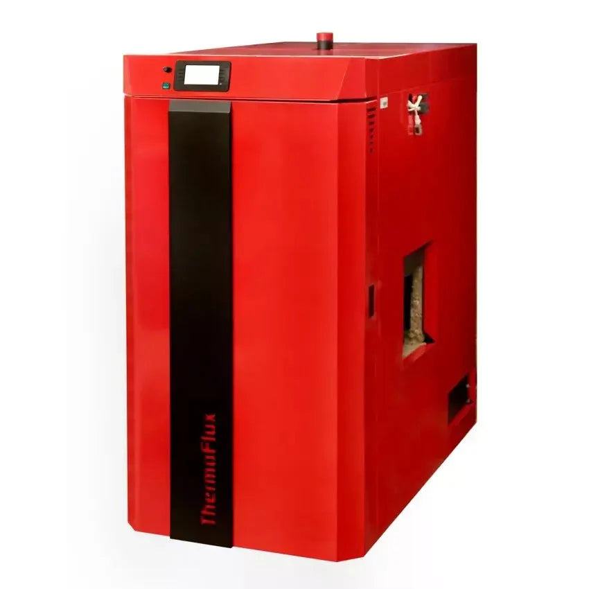 Rotes, klobiges Heizgerät des Thermoflux PID Logic Kombikessel 25 kW im modernen Design