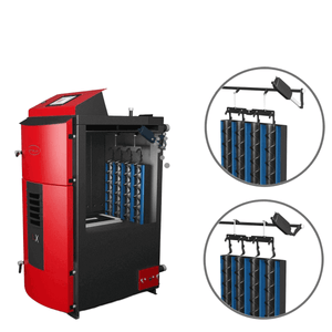 Roter und schwarzer Pelletkessel mit internen Komponenten des Holzvergaserkessels Attack SLX Lambda Touch 50 kW