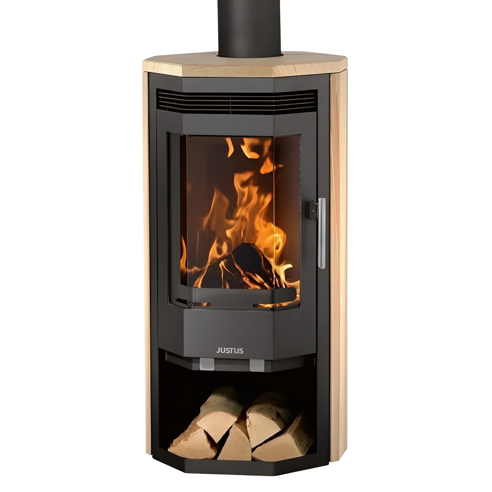Holzofen Kaminofen Justus Usedom 5 mit sichtbaren Flammen und externer Zuluft