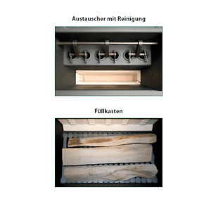 Holzvergaser ROJEK PK BIO 25 kW mit Blick auf den Innenraum des Holzofens