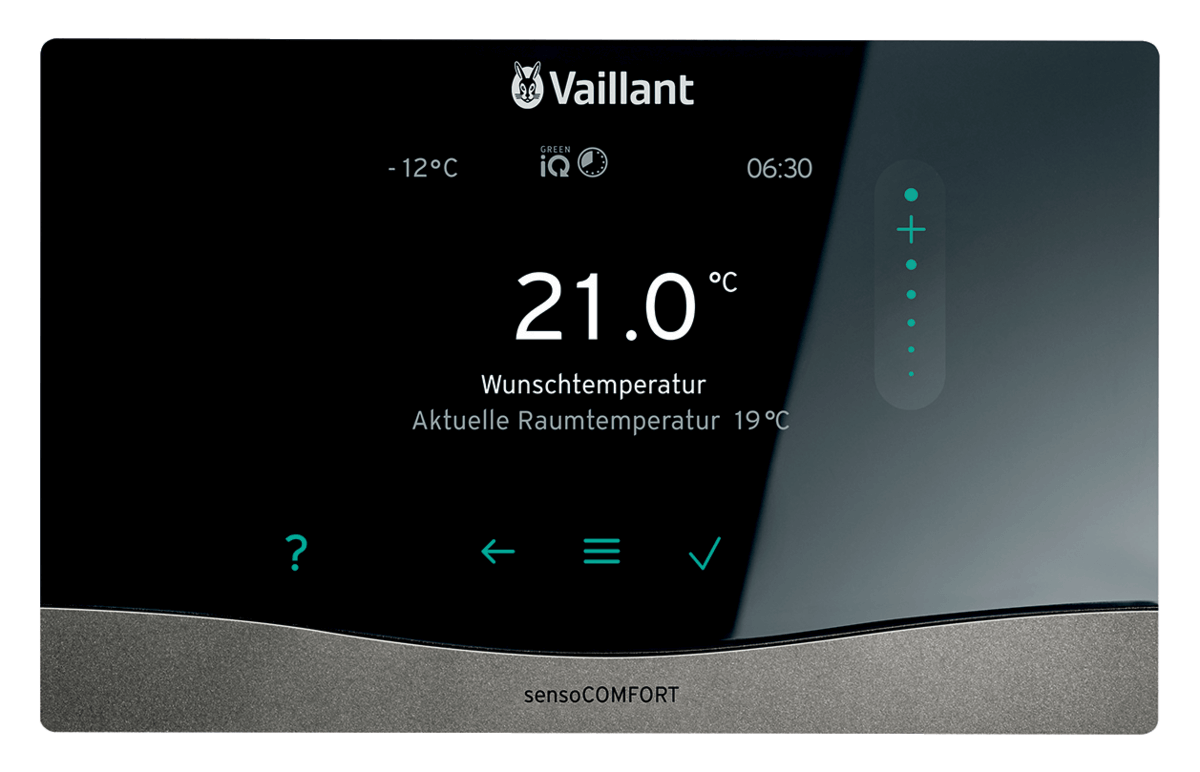 Vaillant sensocomfort room thermostat displaying 21°C 🌡️ with modern touch controls for optimal temperature control.