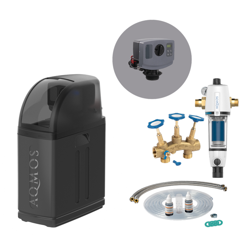 Set Aqmos R2D2-32 BLACK EDITION addolcitore d'acqua con filtro di risciacquo, kit di collegamento e blocco di montaggio