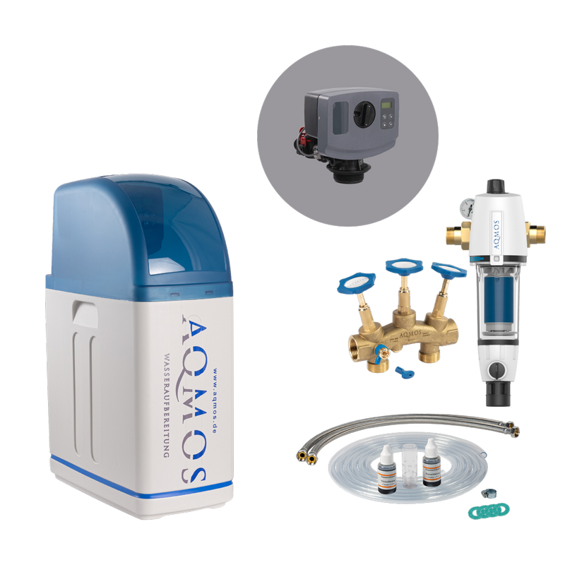 AQMOS R2D2-32 Impianto di addolcimento dell'acqua Set con filtro a risciacquo, kit di collegamento e blocco di montaggio
