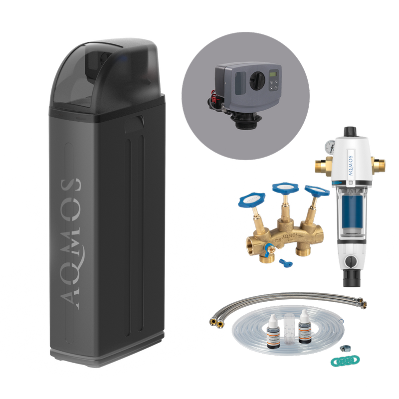 Impianto di addolcimento dell'acqua AQMOS R2D2-72 Black Edition Set con filtro di risciacquo, kit di collegamento e blocco di montaggio