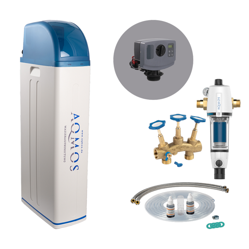 Impianto di addolcimento dell'acqua Aqmos R2D2-72 Set con filtro di contro-lavaggio, kit di collegamento e blocco di montaggio