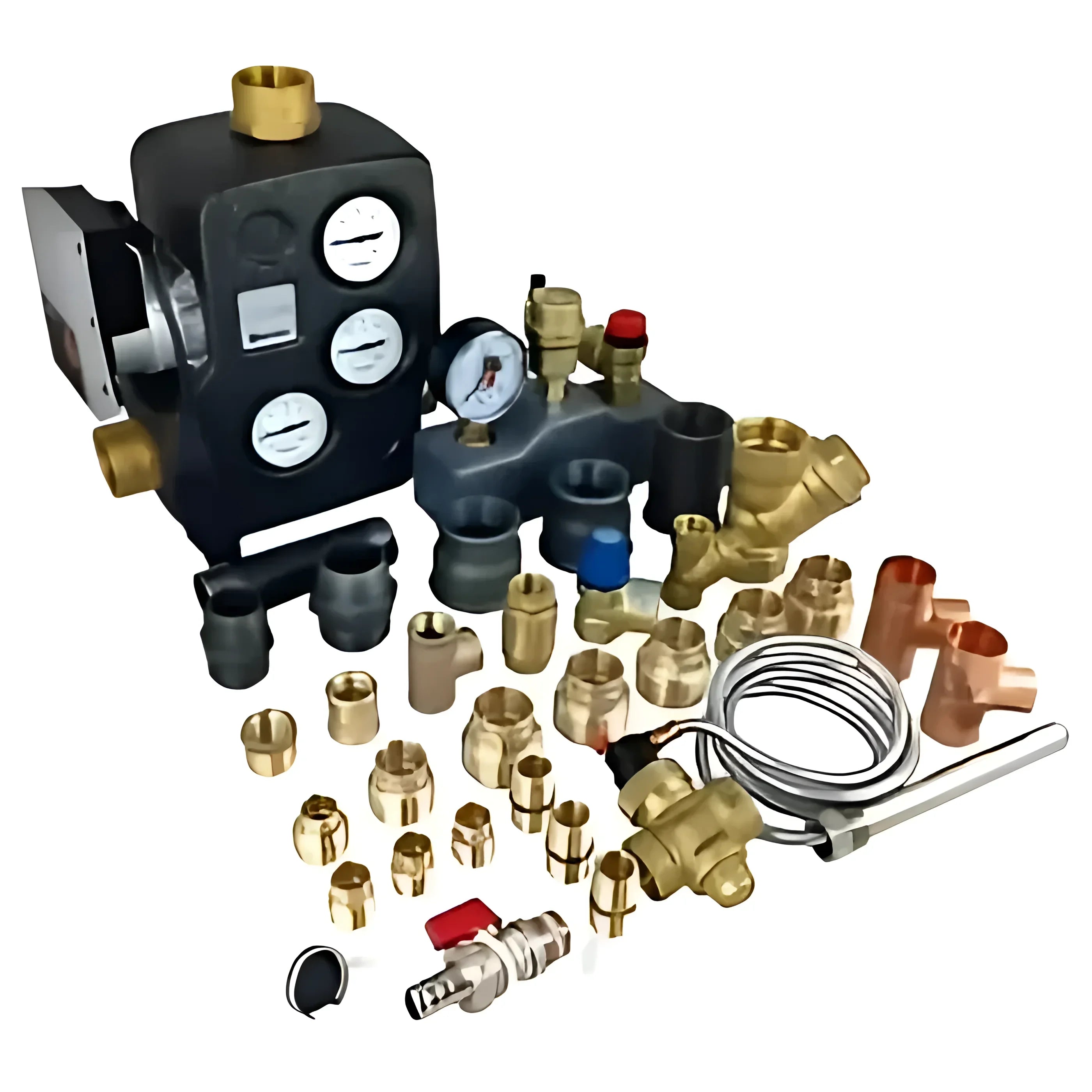 Plumbing und Heizkomponenten für Rotes und schwarzes Pelletskesselsystem mit Pufferspeicher