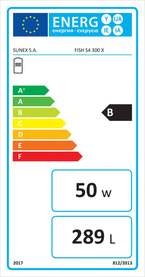 Energieeffizienzlabel für Brauchwasserspeicher Sunex Fish S4 X mit Klasse B, 50 W, 289 L