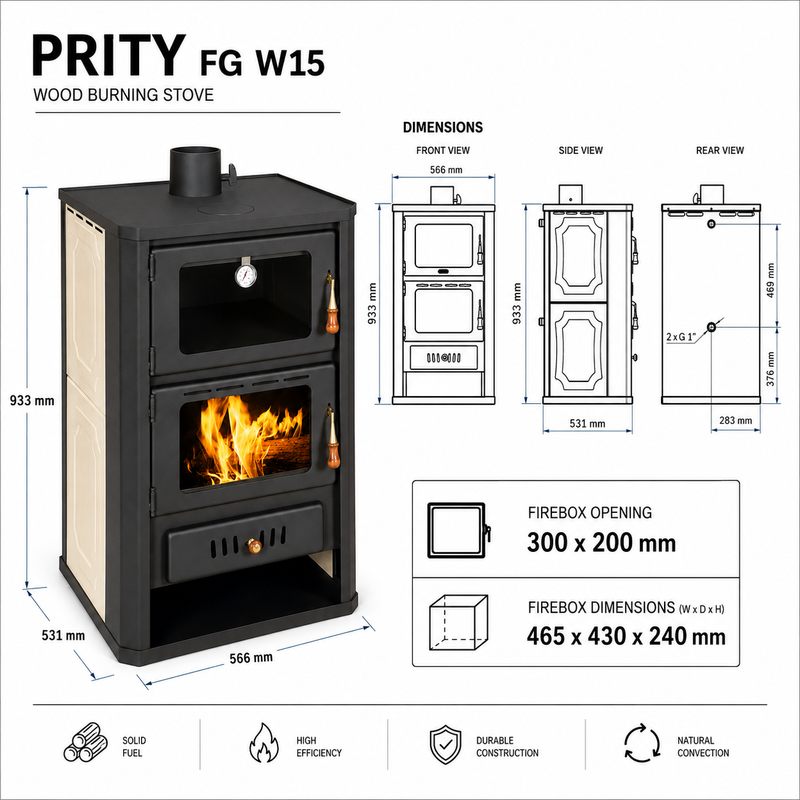 Водонапорна печка на дърва с отделение за печене Prity FGW15 - 19,8 kW