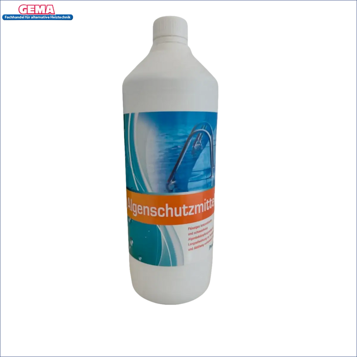 Flasche mit flüssigem Algenschutzmittel für Pools gegen Algenbildung