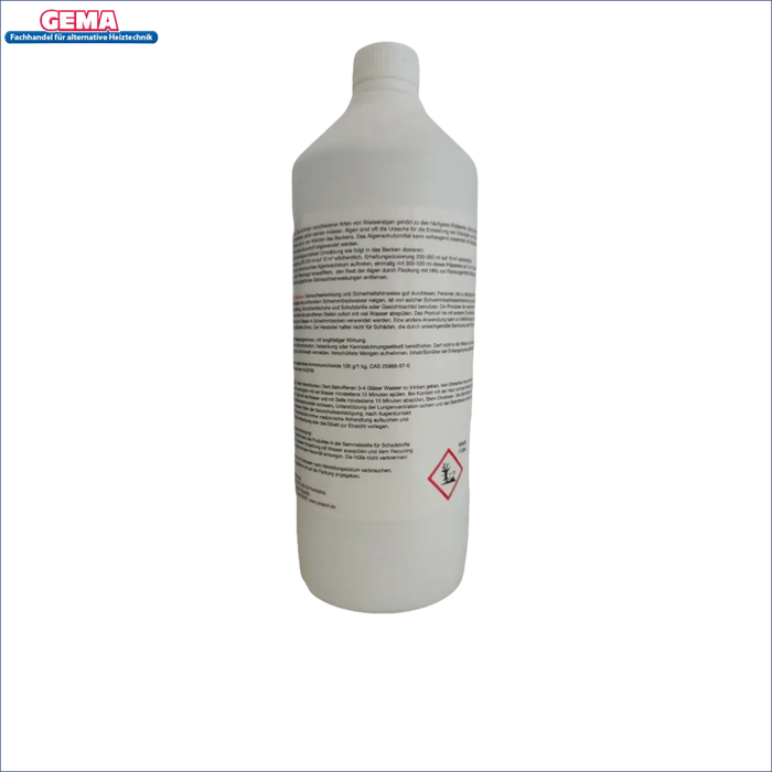 Weiße Kunststoffflasche mit Warnhinweis für Algenschutzmittel flüssig