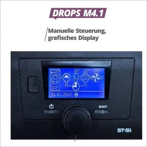 Schwarzes Steuerpult mit blauer Grafikdisplay und Drehknopf für Brauchwasser Heizungs Wärmepumpe DROPS M4.1M