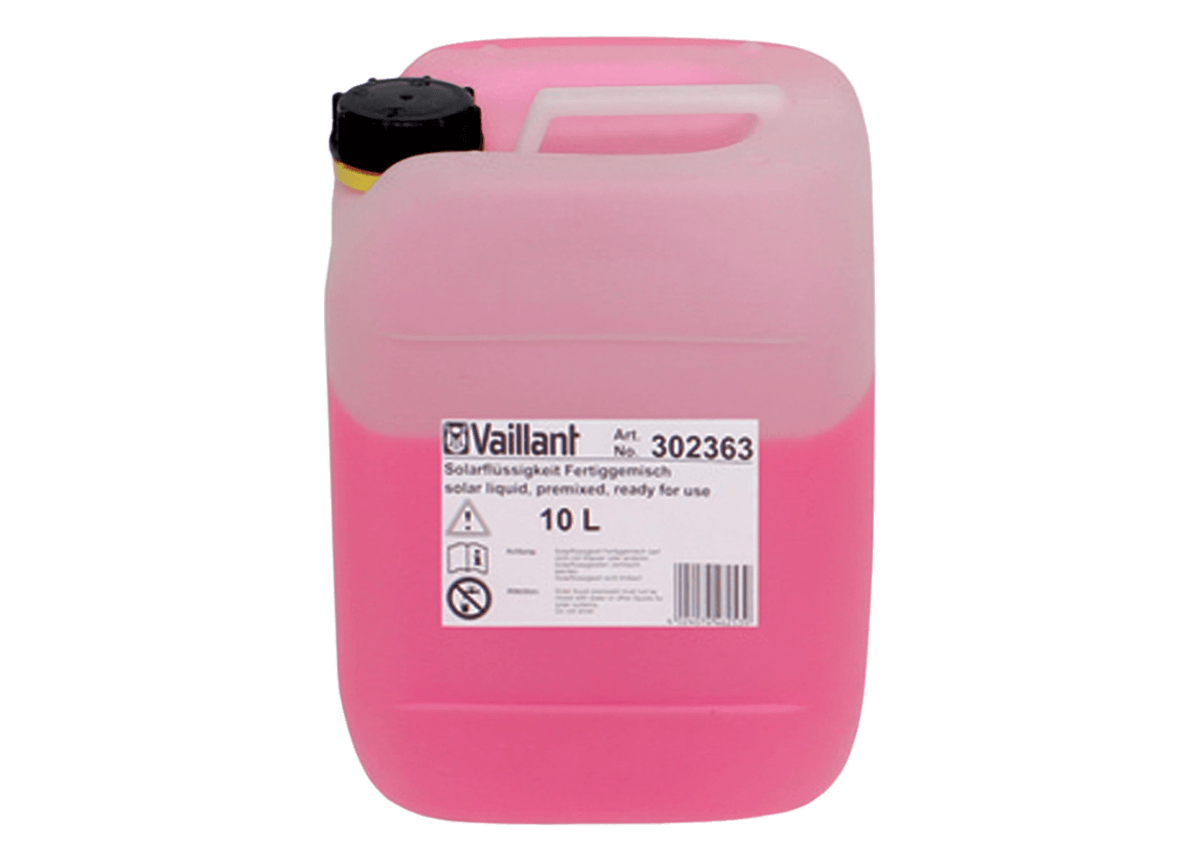 Vaillant 10L solar liquid in a pink container, ready for use in solar systems, promoting efficient energy solutions.