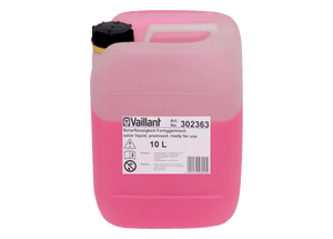 Vaillant 10L solar liquid in a pink container, ready for use in solar systems, promoting efficient energy solutions.