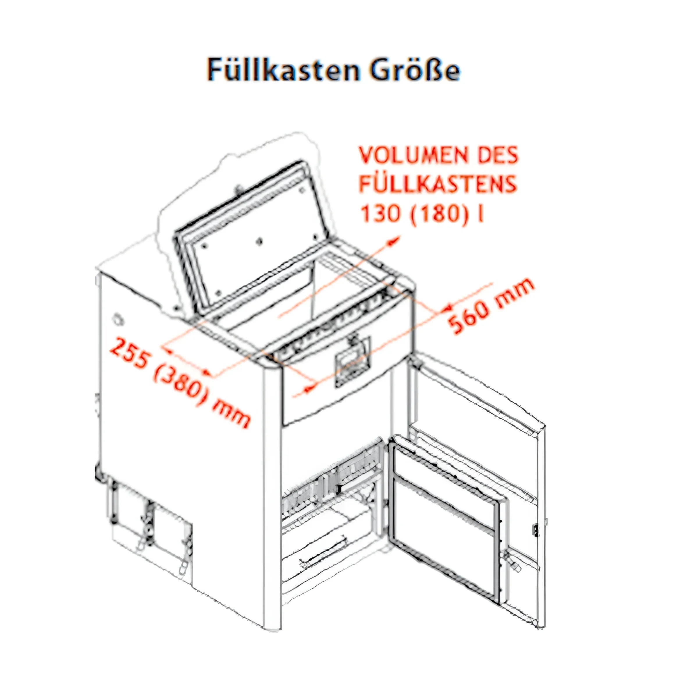 Technische Zeichnung eines Lagerraums mit Maßen für den Holzvergaser ROJEK PK BIO 25 kW