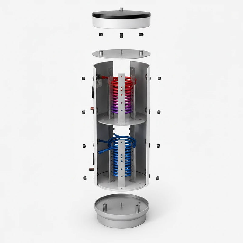 GEMA Shop Schichten-Pufferspeicher Schönberg SPSRR 1500 mit zwei Wärmetauschern in einer technischen Explosionsansicht