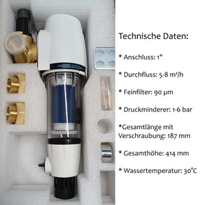 Hauswasserfilter Rückspülfilter AQMOS 1 Zoll mit Druckminderer und Manometer - GEMA Shop