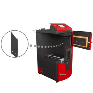 Roter und schwarzer Pelletkessel mit offenem Tür im Produkt Holzvergaser Kessel Attack SLX Profi 25 kW