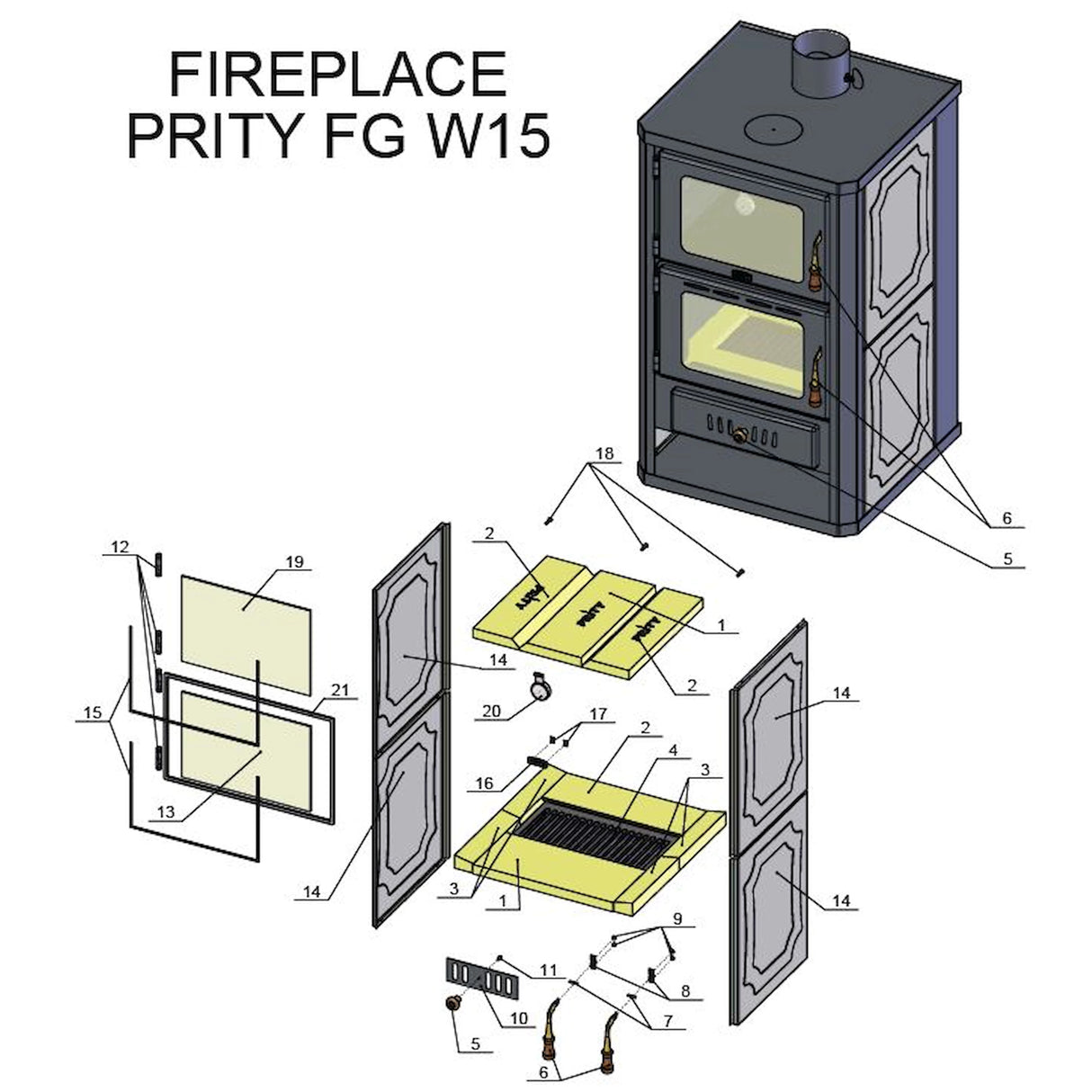 Estufa de leña con compartimento para hornear y alimentador de agua Prity FGW15 - 19,8 kW