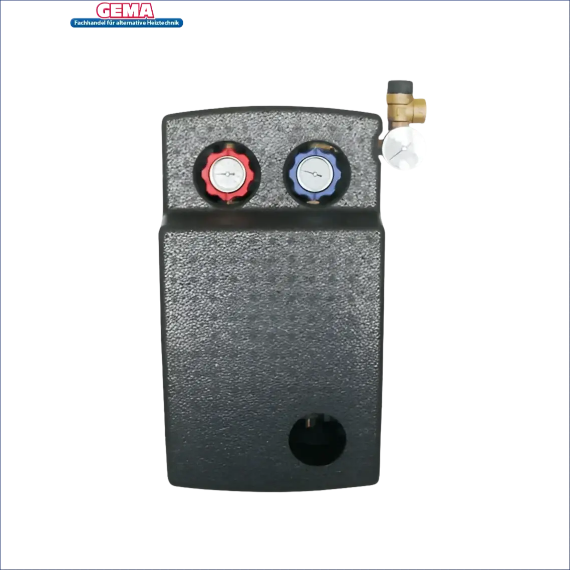 Schwarzer rechteckiger Wassererhitzer mit roten und blauen Knöpfen für Solarpaket AMX2.0