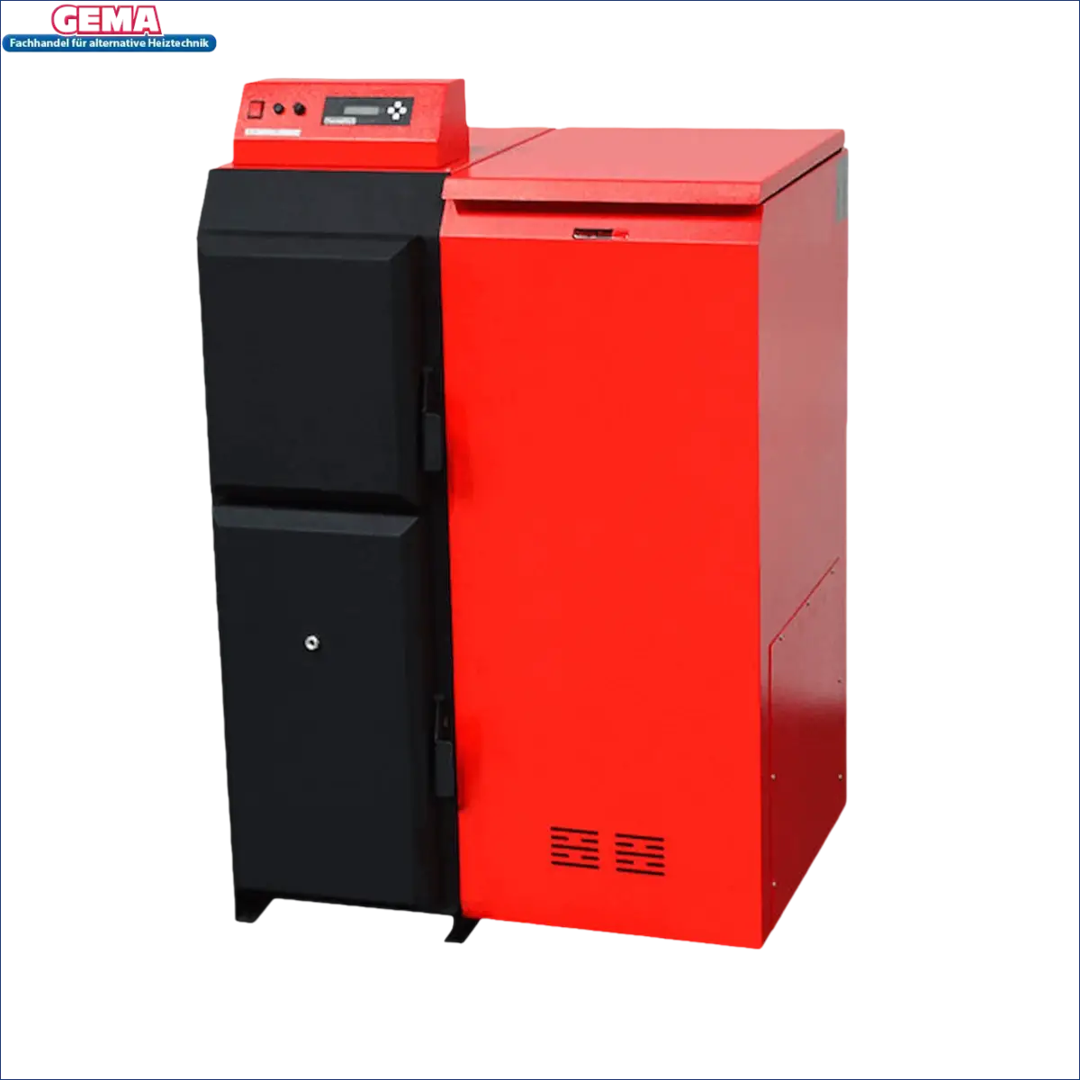 Rote und schwarze Heizungsanlage Thermoflux Pelling 35/150 mit Pufferspeicher