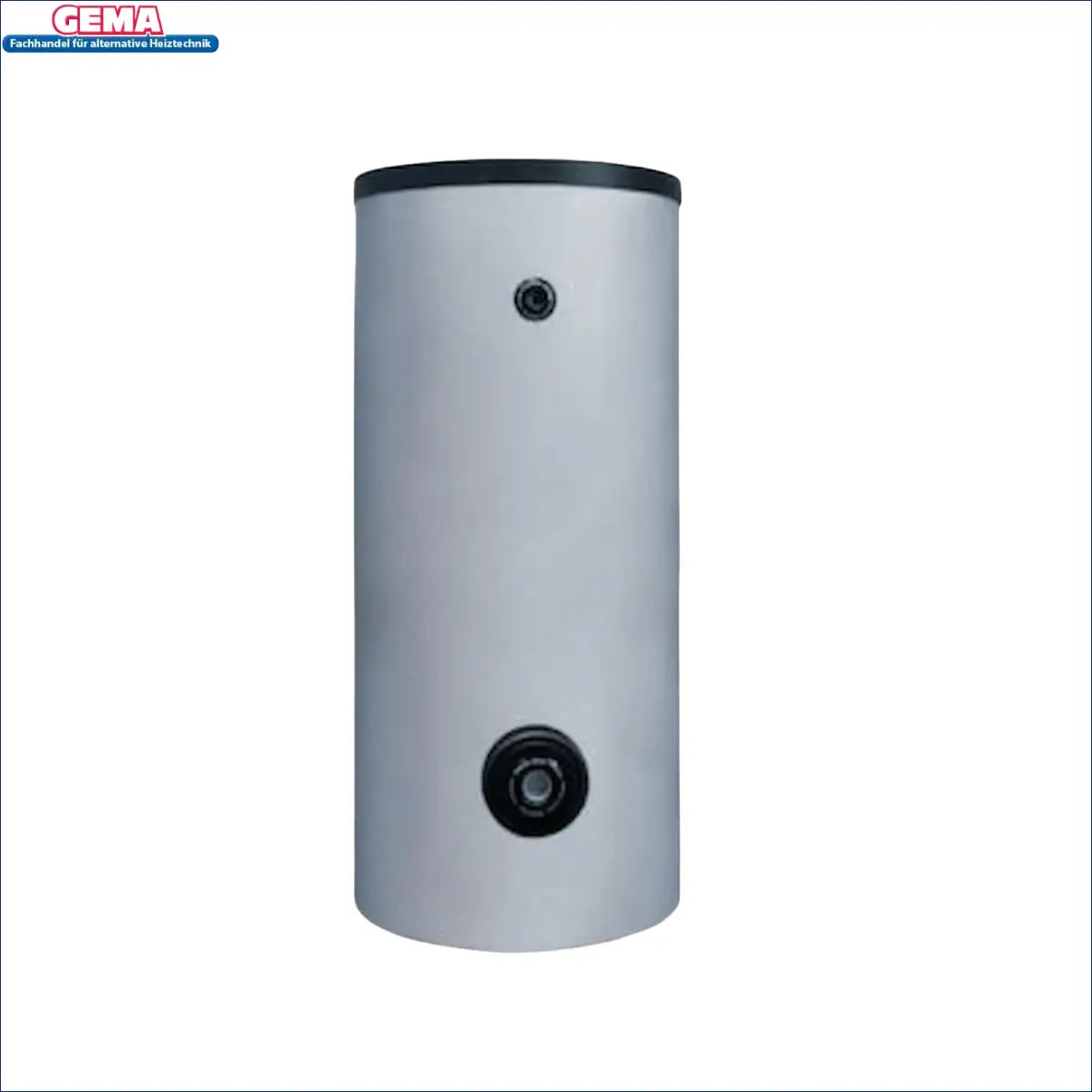 Cylindrischer Warmwasserspeicher Sunex Fish S15 mit schwarzen Rahmen und technischen Daten
